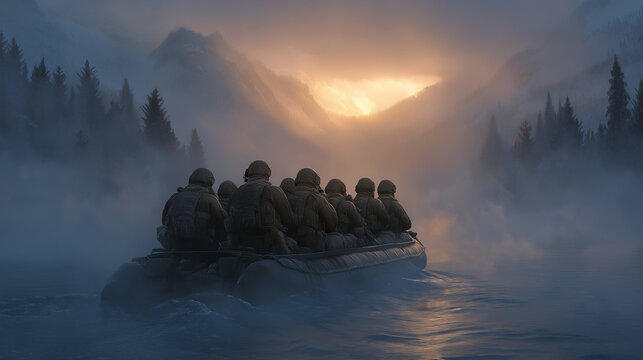 A photorealistic boat with soldiers in fog on a lake at dawn