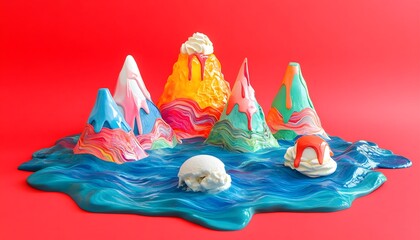 Colorful mountain landscape on a pool of liquid.