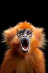 Fototapeta premium A startled orange monkey with fluffy fur and a wide-open mouth stares directly ahead on a black background
