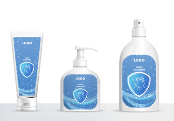 Hand sanitizer product packaging mockup design. Clean vector illustration of three different containers with customizable branding, ideal for hygiene, health, and safety themes.
