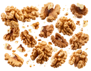 Cracked walnuts with shell fragments falling in slow motion, dramatic lighting, isolated PNG