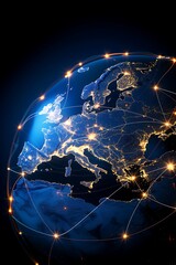 A glowing digital globe shows Europe at night with illuminated cities and network connections.