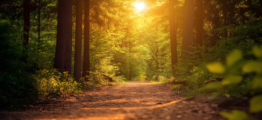 Obraz premium Serene forest path illuminated by golden sunlight through trees in tranquil nature setting