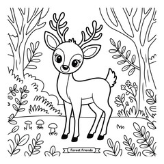 Fototapeta premium Cute Deer in Forest – Black and White Cartoon Animal Illustration for Coloring