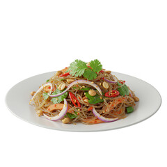 Vermicelli Noodle Salad with Peanuts and Cilantro on White Plate