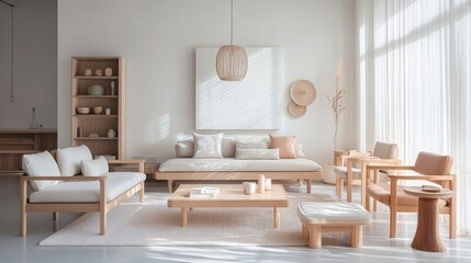 Modern Minimalist Living Room with Natural Light, Soft Textures, and Earthy Tones in a Cozy Atmosphere