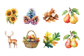 A vibrant collection of autumn-themed illustrations featuring sunflowers, pinecones, leaves, pears, and a deer. Perfect for seasonal designs and nature-inspired projects.