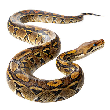 A large, colorful ball python with distinctive patterns and shades of brown, yellow, and black. The snake is coiled and positioned against a black background.