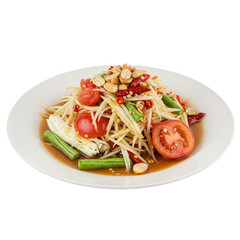 Spicy Papaya Salad with Tomatoes and Peanuts on White Plate