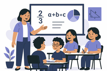 Flat-style business-themed vector illustration of a female teacher explaining charts and analytics to a student using laptops in a modern classroom or workspace setting.
