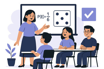 Flat-style vector illustration of a math and geometry class with a smiling teacher explaining concepts on a board, and students actively listening and participating at their desks.