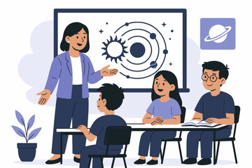 Flat-style educational vector illustration of a female teacher explaining the solar system to attentive students in a science classroom with planetary diagrams on the board.