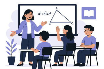 Flat-style vector showing a lively classroom where a student raises their hand to ask a question and the teacher responds, promoting active learning and engagement.