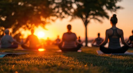 People meditating in lotus position on grass in a park at sunset, enjoying a peaceful and serene moment of spiritual practice outdoors