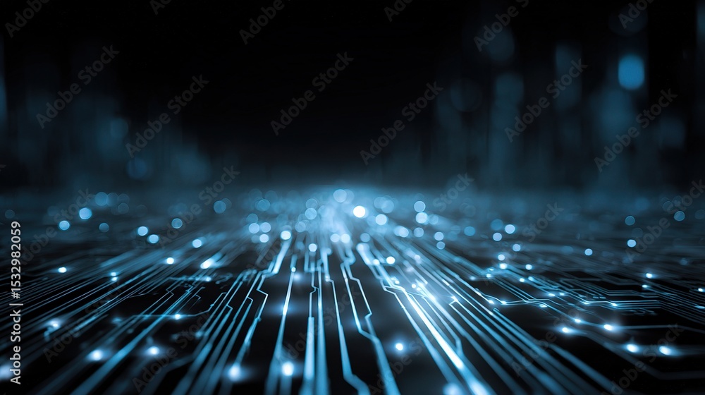 Poster futuristic quantum circuit background with glowing nodes and lines