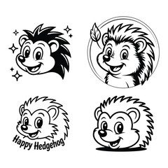  Cute Happy Hedgehog Cartoon Icon Set - Black and White Animal Mascot Illustrations