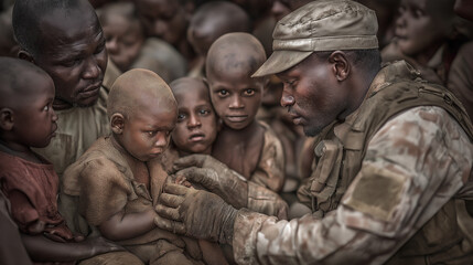 Military Doctor Examining Child in Field Hospital