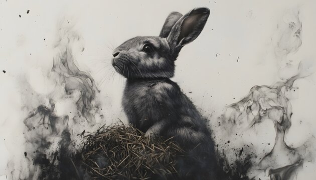 Detailed grayscale illustration of a rabbit amidst smoke and debris.