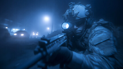 Night Operation: A Sniper with Night Vision Goggles Observes Street