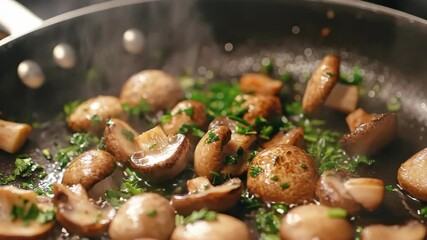 Sizzling mushrooms with fresh herbs in a frying pan  delicious cooking sequence - Powered by Adobe