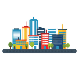 Obraz premium Colorful Cityscape Illustration with Road and Trees, Modern Urban Landscape Design