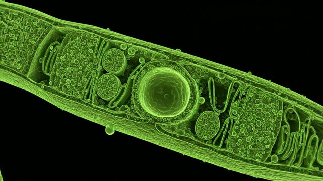 Cross-section of a plant cell, showing chloroplasts, large central vacuole, and cell wall, with realistic textures and soft green lighting
