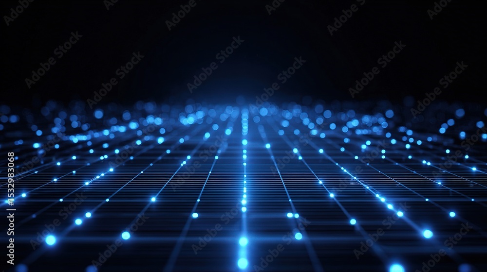 Poster futuristic blue circuit grid with glowing nodes under dark background