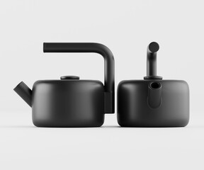 Pair of modern black kettles displayed against white background for contemporary kitchen design illustration