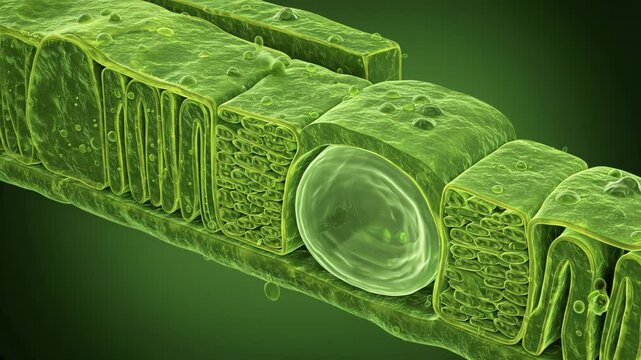 Cross-section of a plant cell, showing chloroplasts, large central vacuole, and cell wall, with realistic textures and soft green lighting