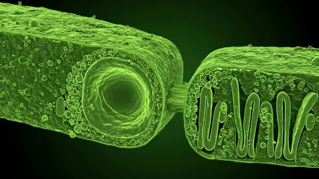 Cross-section of a plant cell, showing chloroplasts, large central vacuole, and cell wall, with realistic textures and soft green lighting