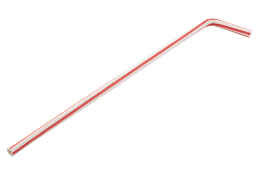 Red and striped flexible drinking straw for beverages and refreshments isolated on transparent background