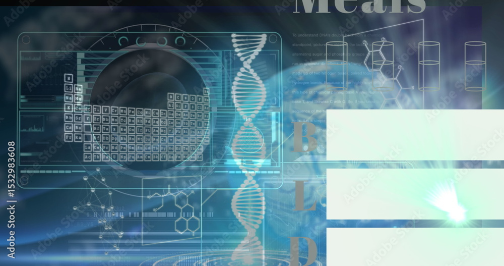 Poster displaying vertical dna double helix at digital lab interface, with periodic table grid
