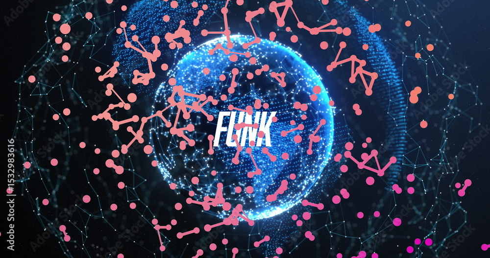 Poster displaying glowing blue globe floating in dark network space with pink nodes and lines, text flink