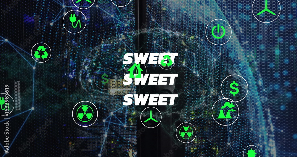 Aufkleber displaying sweet text on digital honeycomb mesh with floating green energy icons