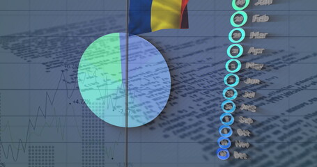 Obraz premium Displaying pie chart overlaying graphs and month markers in infographic with Romanian flag stripes