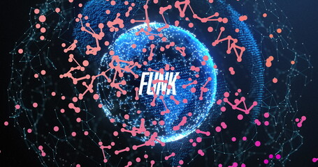 Displaying glowing blue globe floating in dark network space with pink nodes and lines, text FLINK