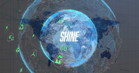 Displaying holographic Earth globe glowing in data interface, with SHINE CO text and neon icons