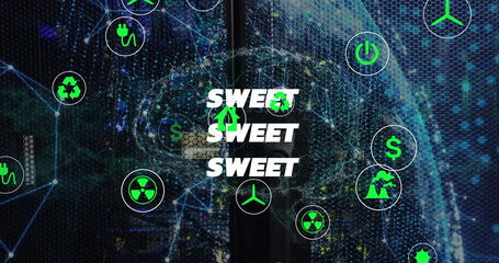 Displaying sweet text on digital honeycomb mesh with floating green energy icons