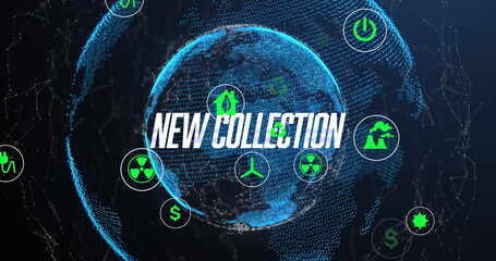 Displaying blue dotted globe with NEW COLLECTION overlay on network backdrop, showing green icons
