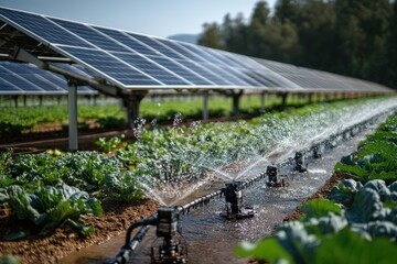 Automated irrigation system watering crops under solar panels, representing sustainable agriculture and renewable energy