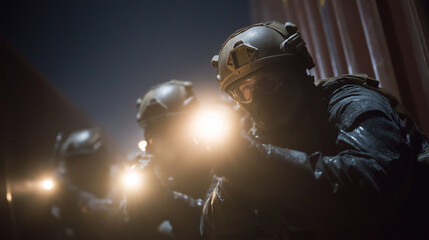 Ship hold search team using flashlights to find clues