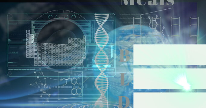 Displaying vertical DNA double helix at digital lab interface, with periodic table grid - Powered by Adobe