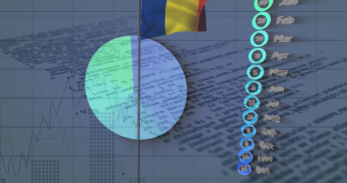 Naklejki Displaying pie chart overlaying graphs and month markers in infographic with Romanian flag stripes