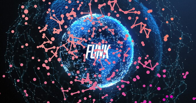 Displaying glowing blue globe floating in dark network space with pink nodes and lines, text FLINK