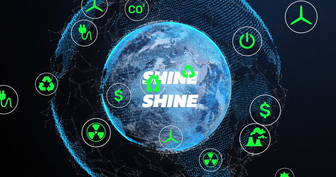 Glowing digital Earth globe floating in dark space, featuring bold SHINE text and green icons - Powered by Adobe