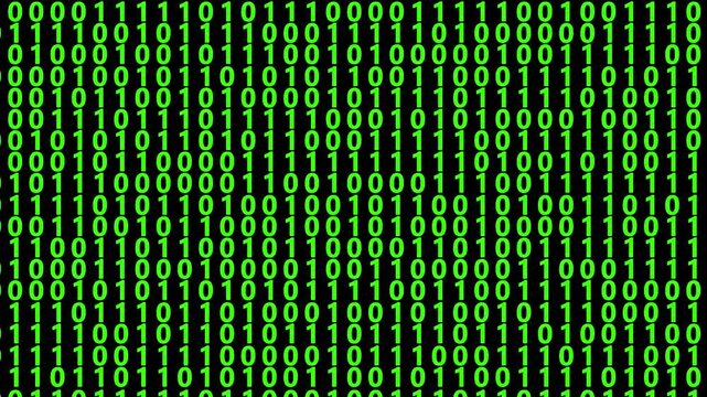 Digital binary code background green color. Matrix style program. Random falling numbers. Shiny numbers of 1 and 0 animated to change randomly. Technology and programming layer screen overlay effect