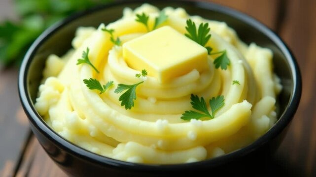 A warm bowl of mashed potatoes topped with melted butter and fresh parsley.