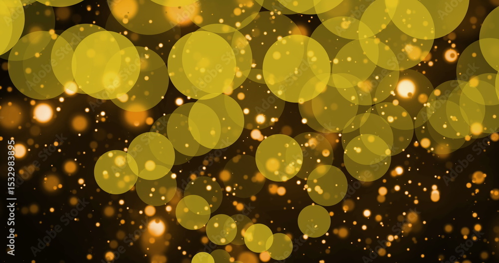 Poster glowing golden bokeh light circles forming abstract display in dark field, with glowing particles