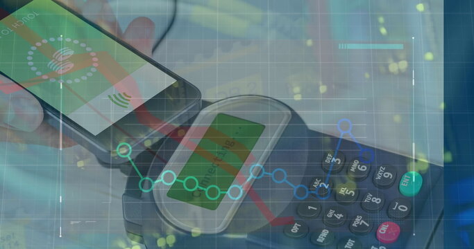 Holding adult hand performing contactless payment at checkout, with phone icon and network overlay