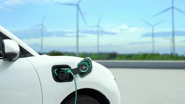 Electric car recharging energy from EV charging station display futuristic smart battery status hologram by EV charger plug cable in wind turbine farm. Alternative clean energy sustainability. Peruse